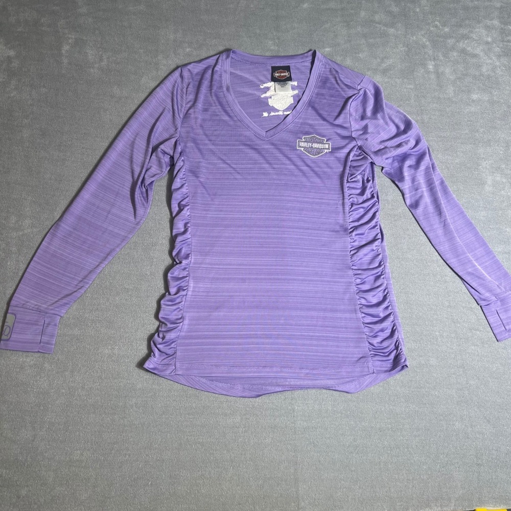 Harley-Davidson Womens Purple Space Dye Ruched Long Sleeve V-Neck Top Large